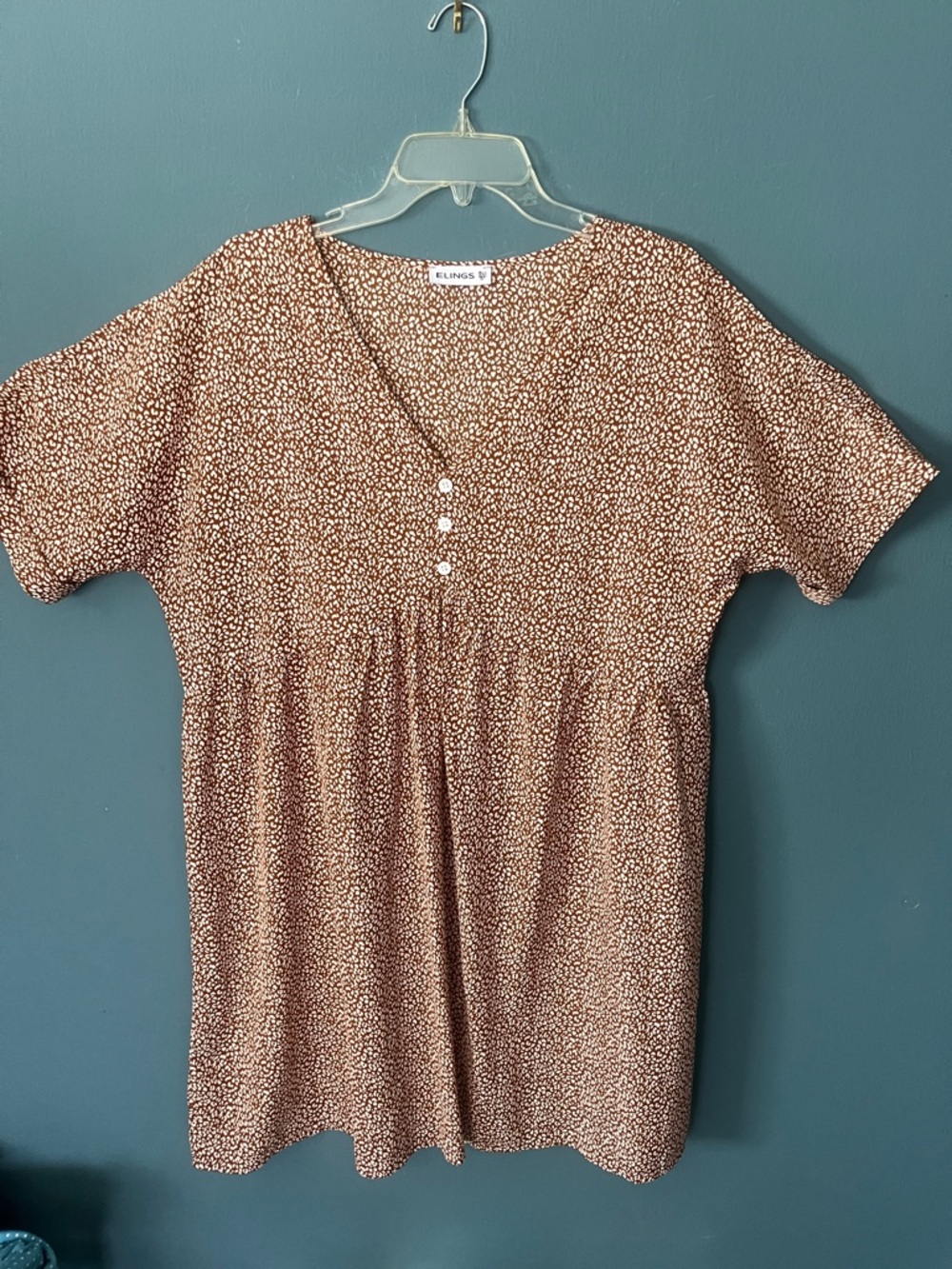 Elings  Brand Brown Dot V-Neck Short Sleeve Dress